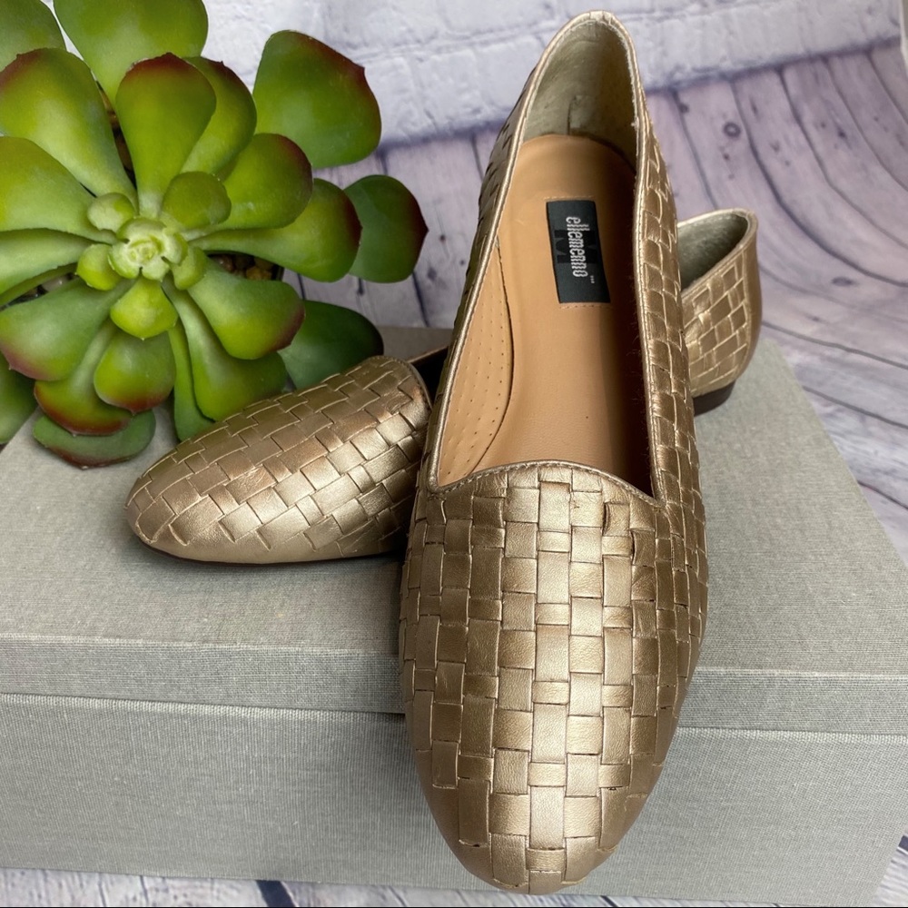 Ellemenno Metallic Gold Woven Loafer Flats
